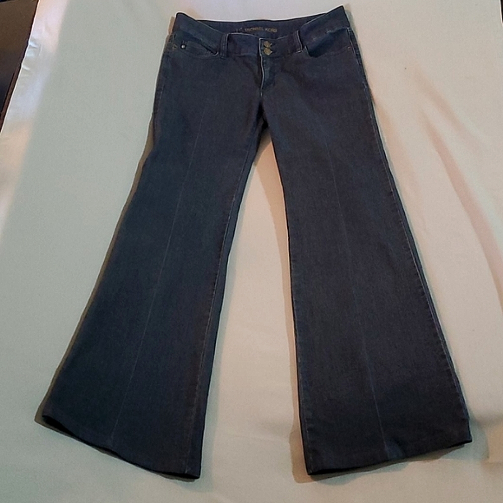 VTG Michael Kors Women Sz 6 Denim Dark Blue Jeans Wide Leg 2 Metal Logo Buttons